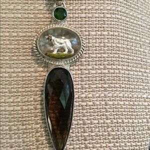 Glass hunting dog / smokey quartz necklace/sterling silver